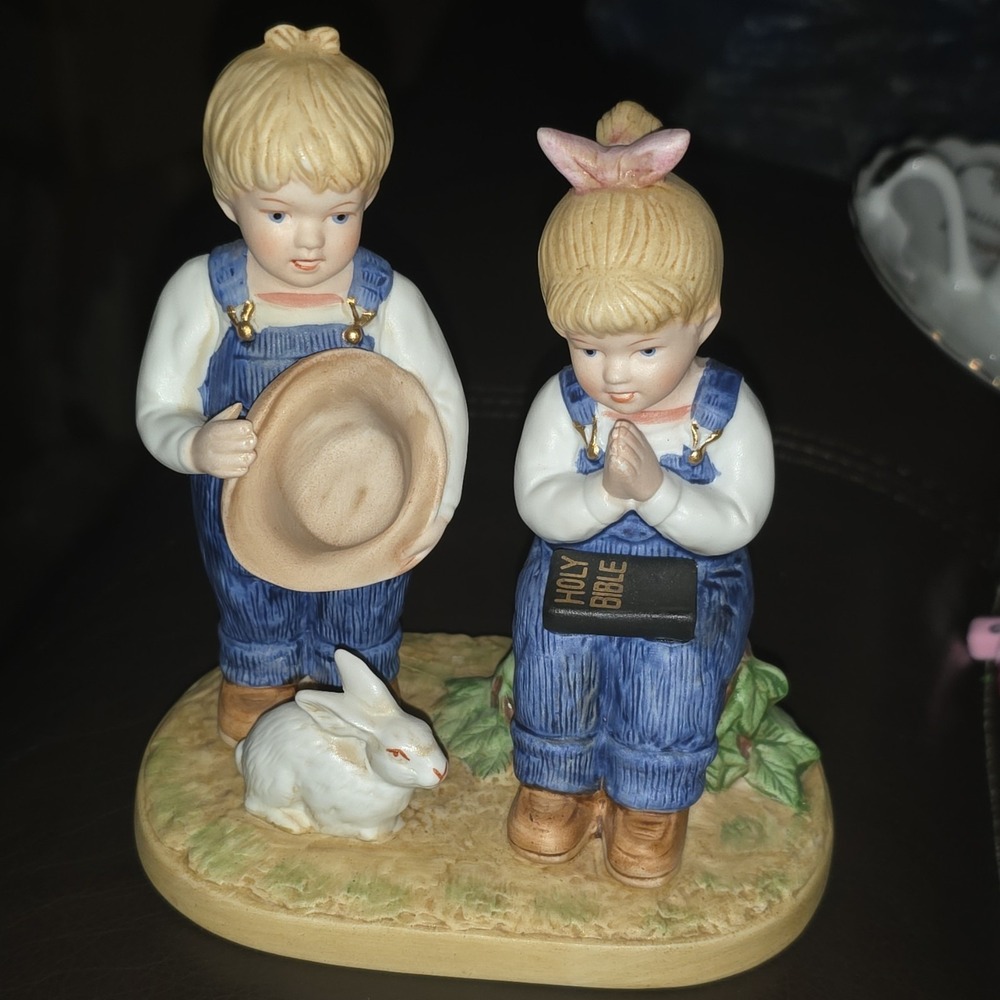 Homco Denim Days Porcelain Painted Figurine Girl Boy Rabbit 1985